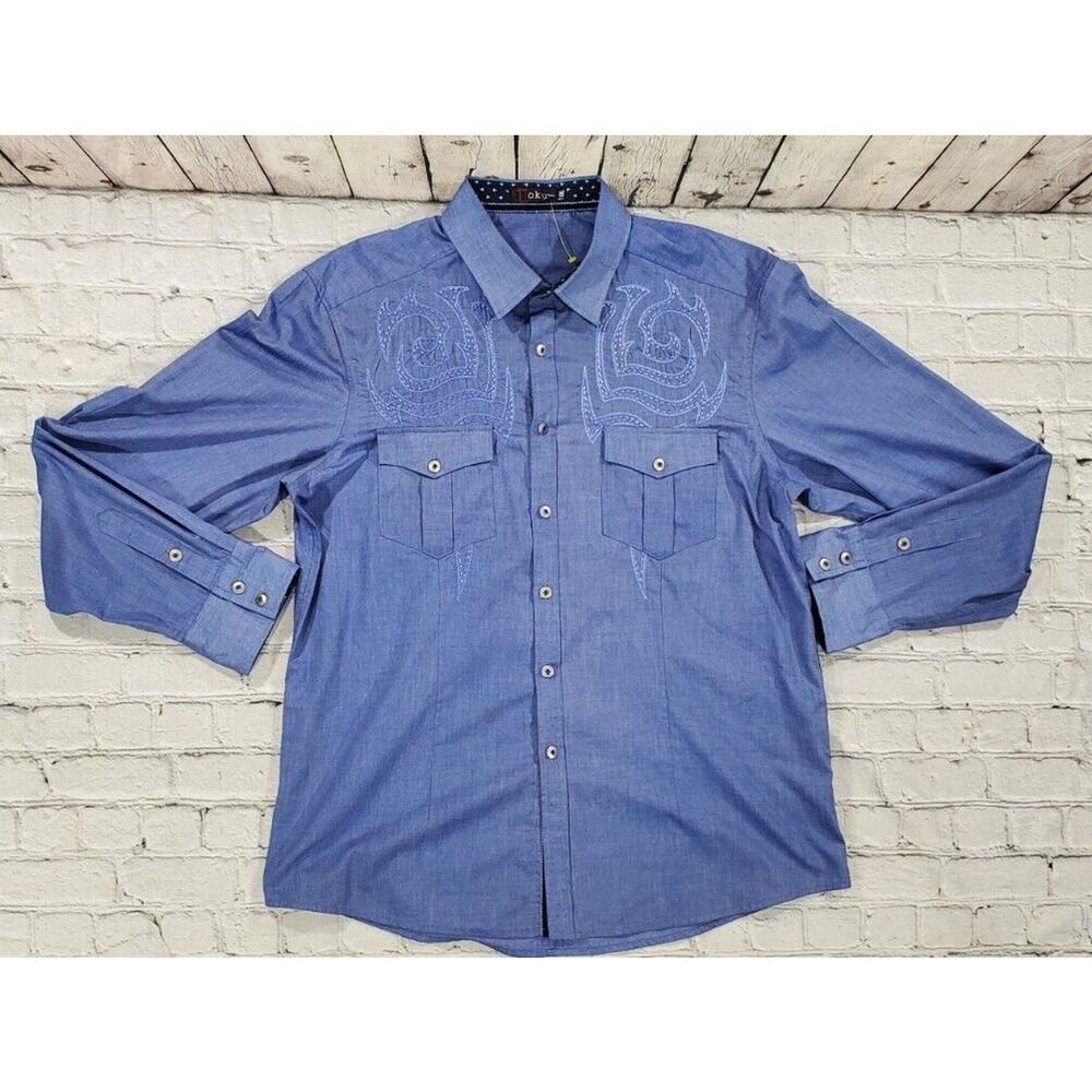 Toku Luxurious Blue Long Sleeve Button Shirt Embellished Design MENS SIZE XXL